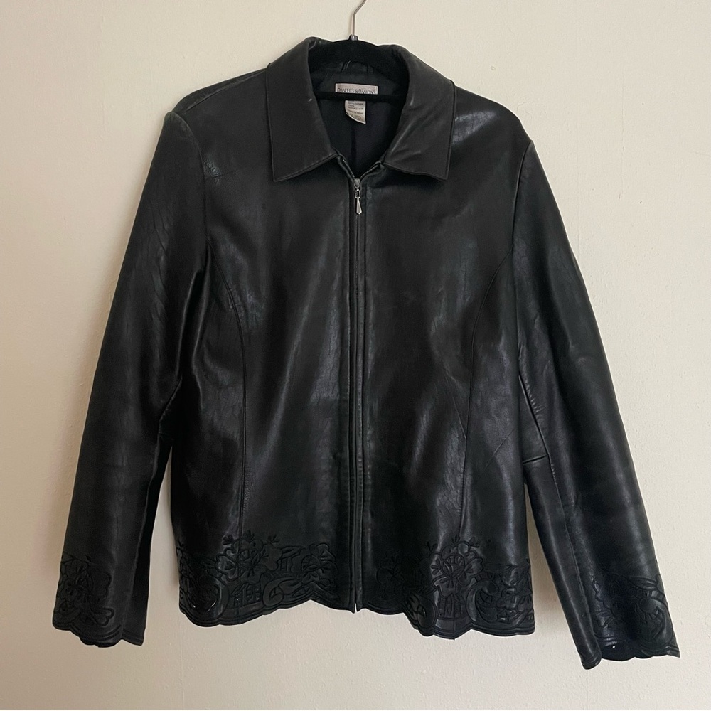 Black leather jacket floral detail